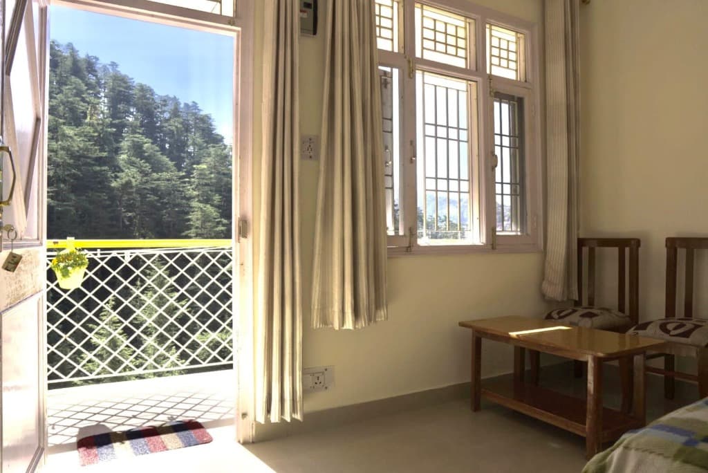 Sunlit room with work desk facing pine forest canopy